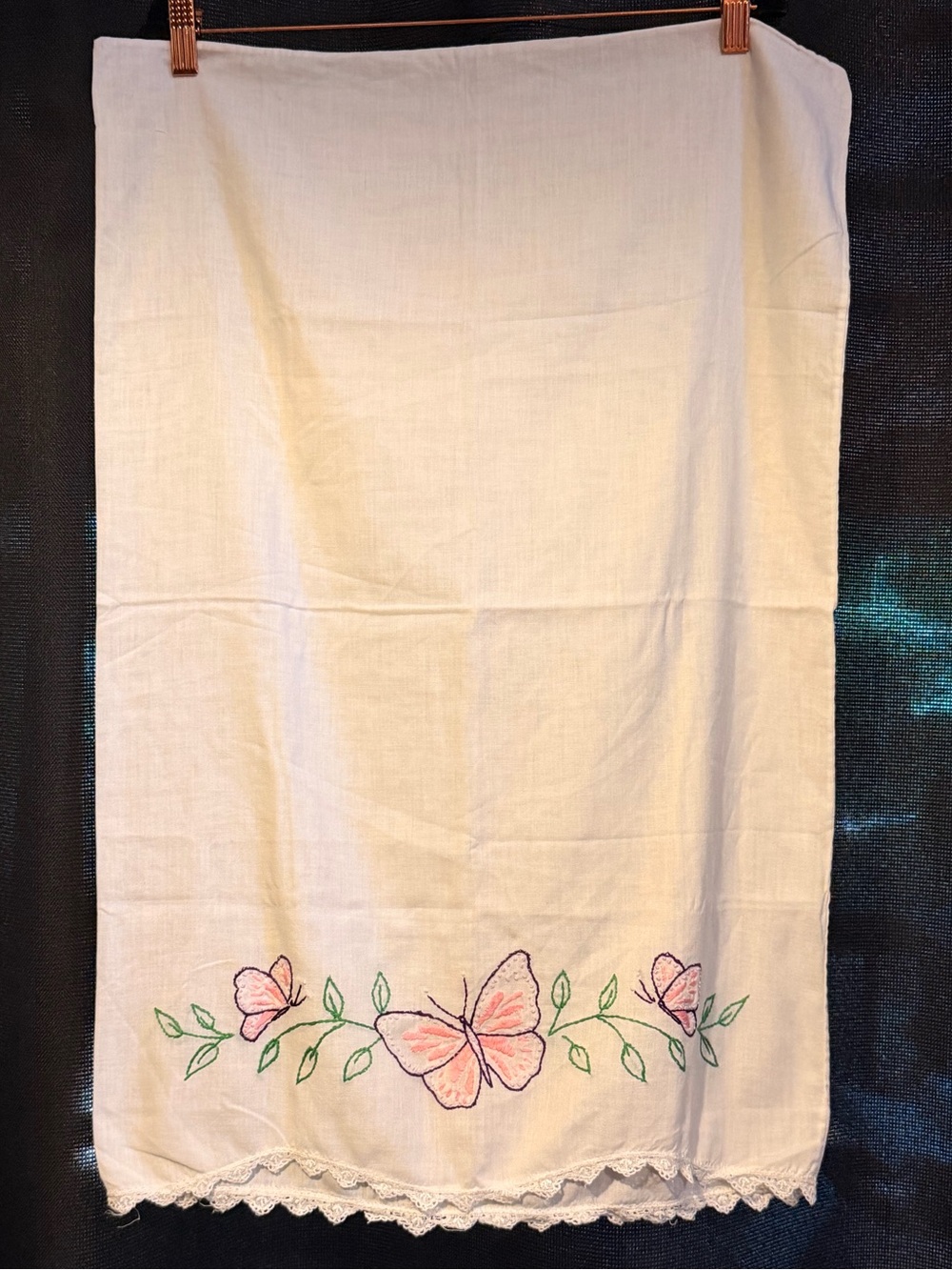 Hand-Embroidered Cream Pillowcase with Pink Floral Detail